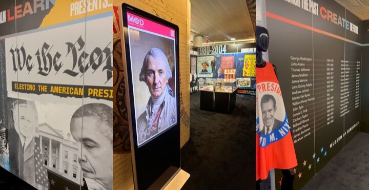 Three views of a Museum of Democracy exhibition: a wall graphic on electing the American presidents, the George Washington avatar kiosk at center, and a wall tracing the presidents from 1789 onward